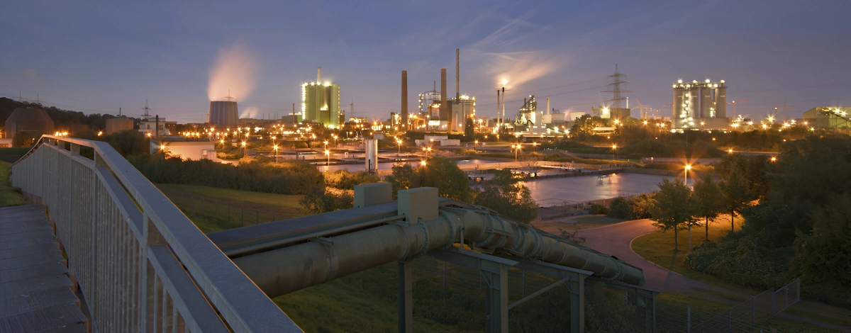 A view of an industrial area at night.