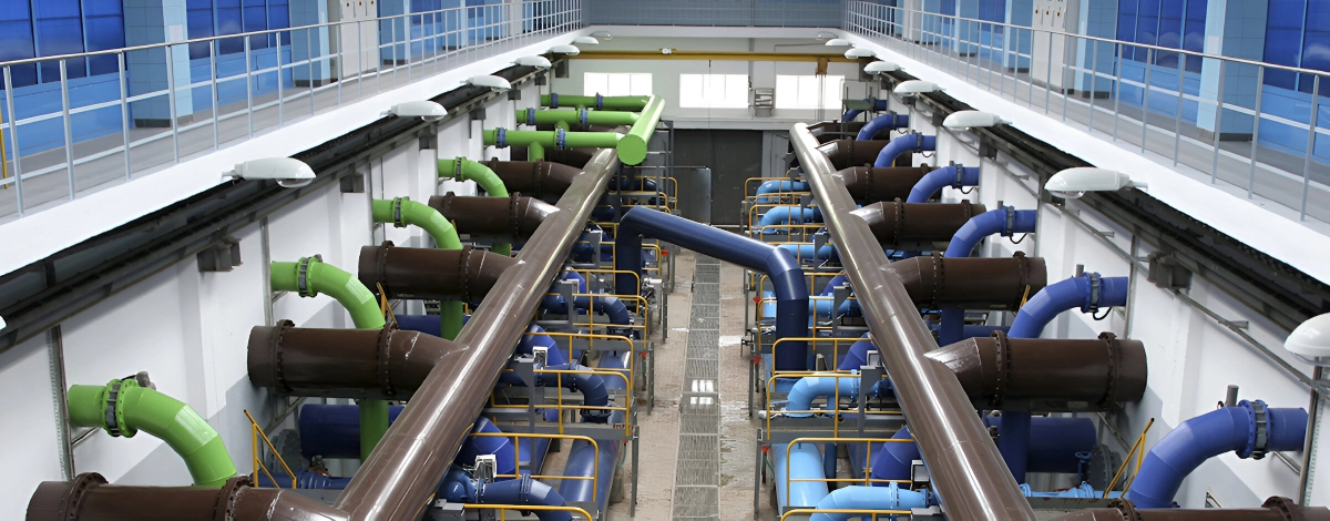 A large room with pipes and water tubes.