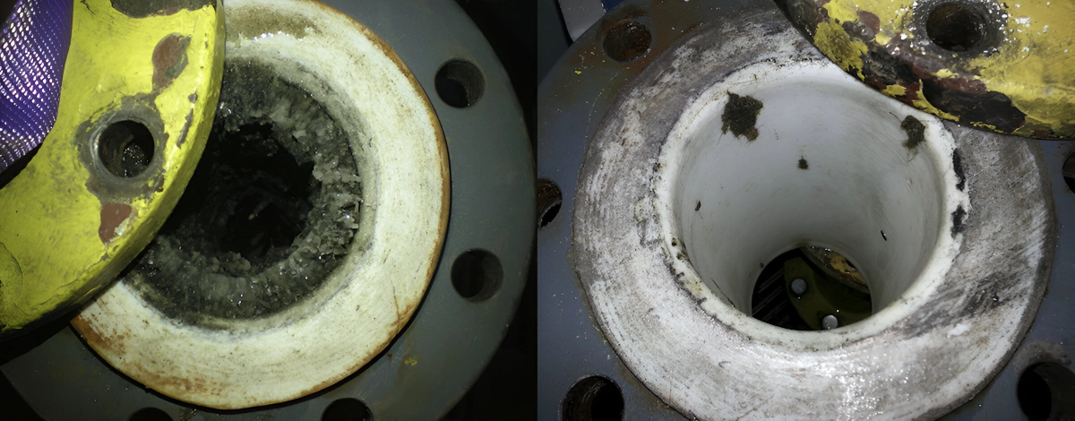A before and after picture of the inside of a pipe.