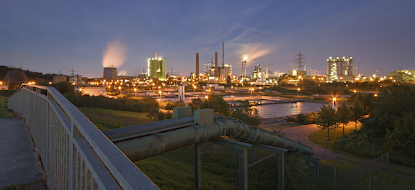 A view of an industrial area at night.