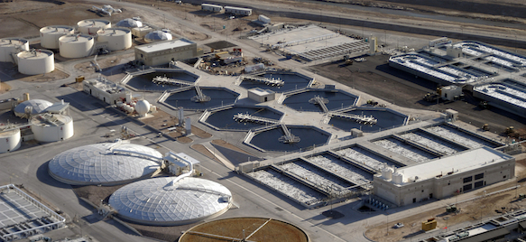 A large industrial area with many water treatment plants.